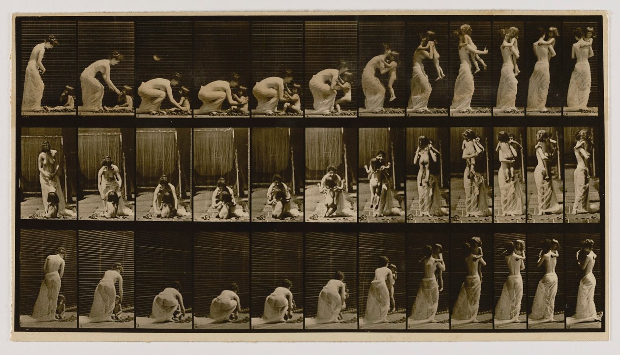 Donna che solleva e trasporta un bambino, dal libro Locomozione animale da Eadweard Muybridge