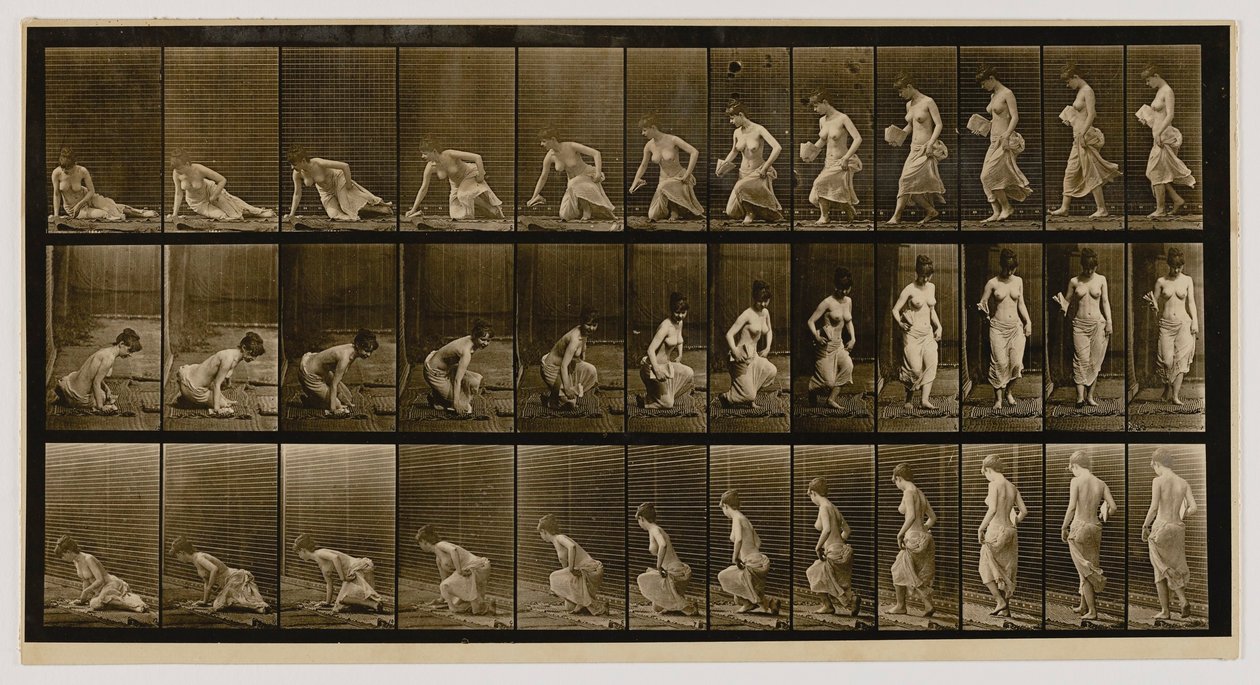 Donna seduta a terra, dal libro Locomozione animale da Eadweard Muybridge