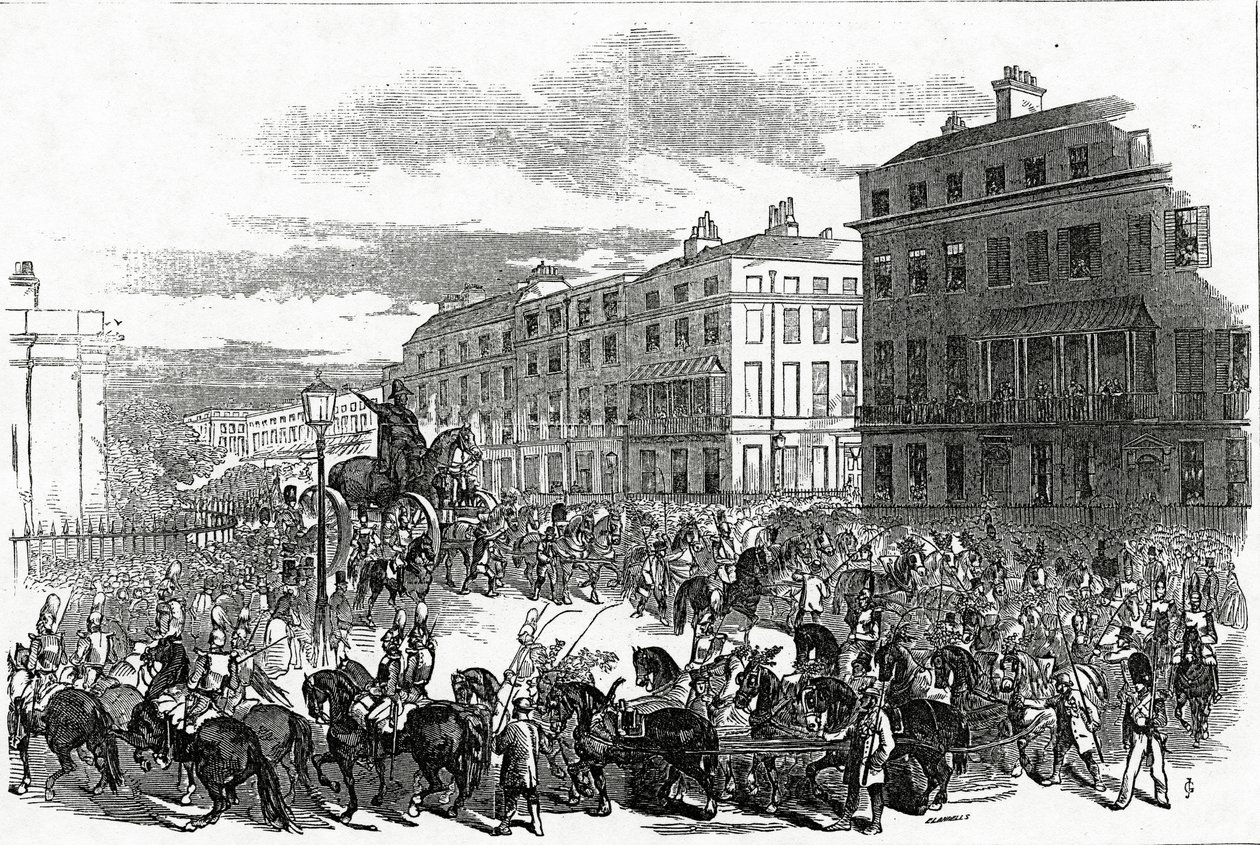 La grande processione della statua di Wellington che gira per Park Lane, pubblicata nell