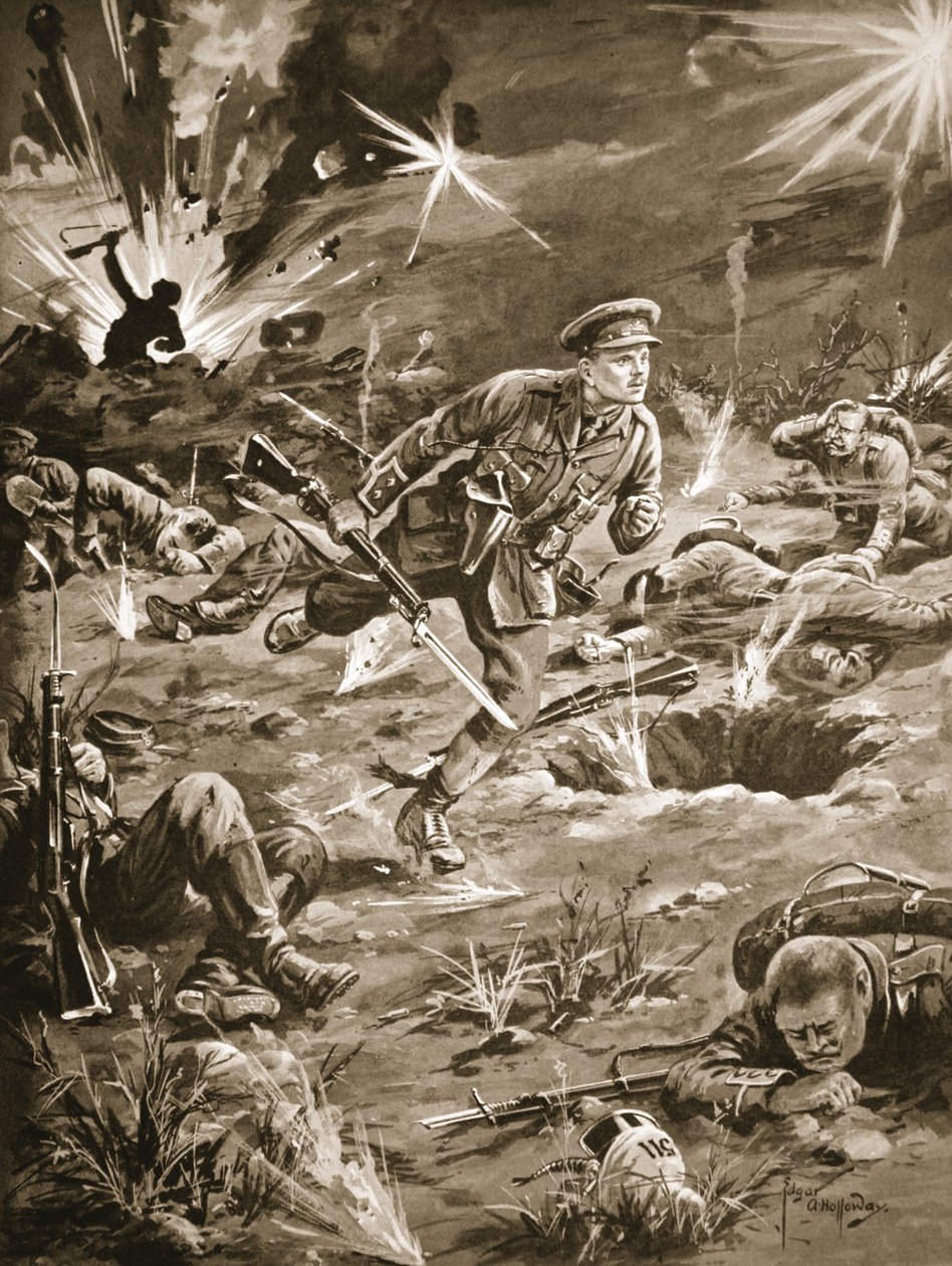 Il Tenente Geary che corre, sotto pesante fuoco di artiglieria, verso una trincea a destra di Hill 60 per entrare in contatto con un ufficiale da Edgar Alfred Holloway