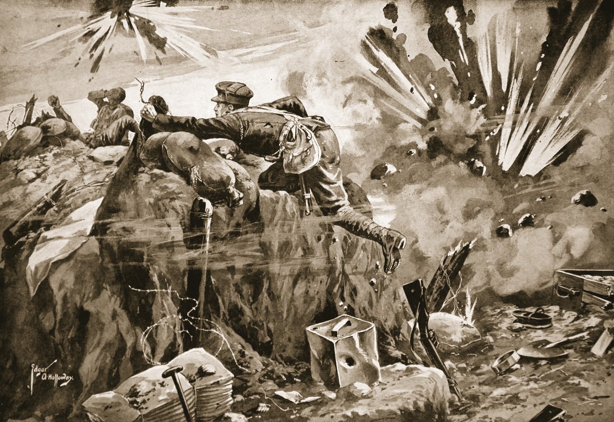 Il soldato Jewson che esce dalla sua trincea sotto un pesante bombardamento per salvare i feriti e portare i morti da Edgar Alfred Holloway