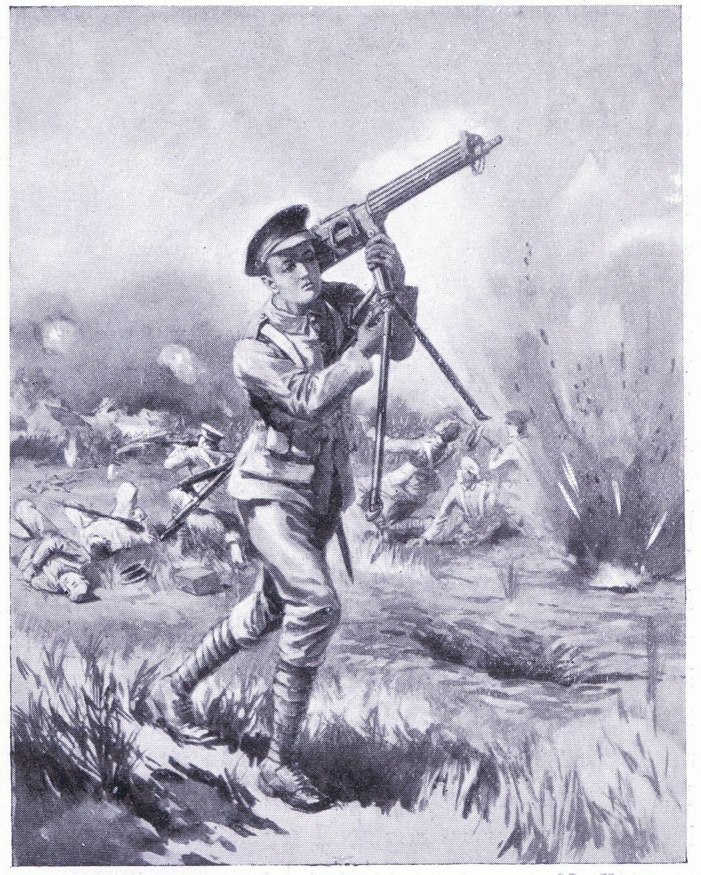 Il soldato Lynn che porta via una mitragliatrice per la riparazione sotto il fuoco pesante alla battaglia di Aisne. Premiato DCM 1915 da Edgar Alfred Holloway