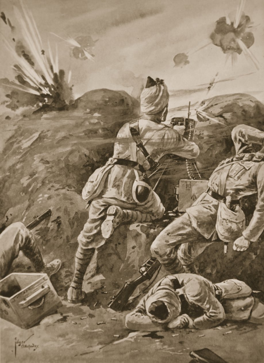 Il sepoy Khudadad che manovra una mitragliatrice dopo che il resto del distaccamento è stato ucciso da Edgar Alfred Holloway