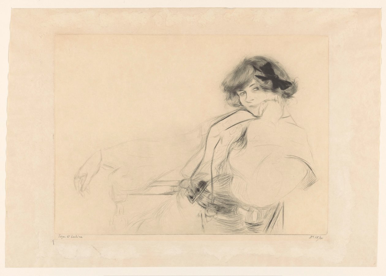 Giovane donna con un fiocco nei capelli seduta su una sedia da Edgar Chahine (signed by artist)