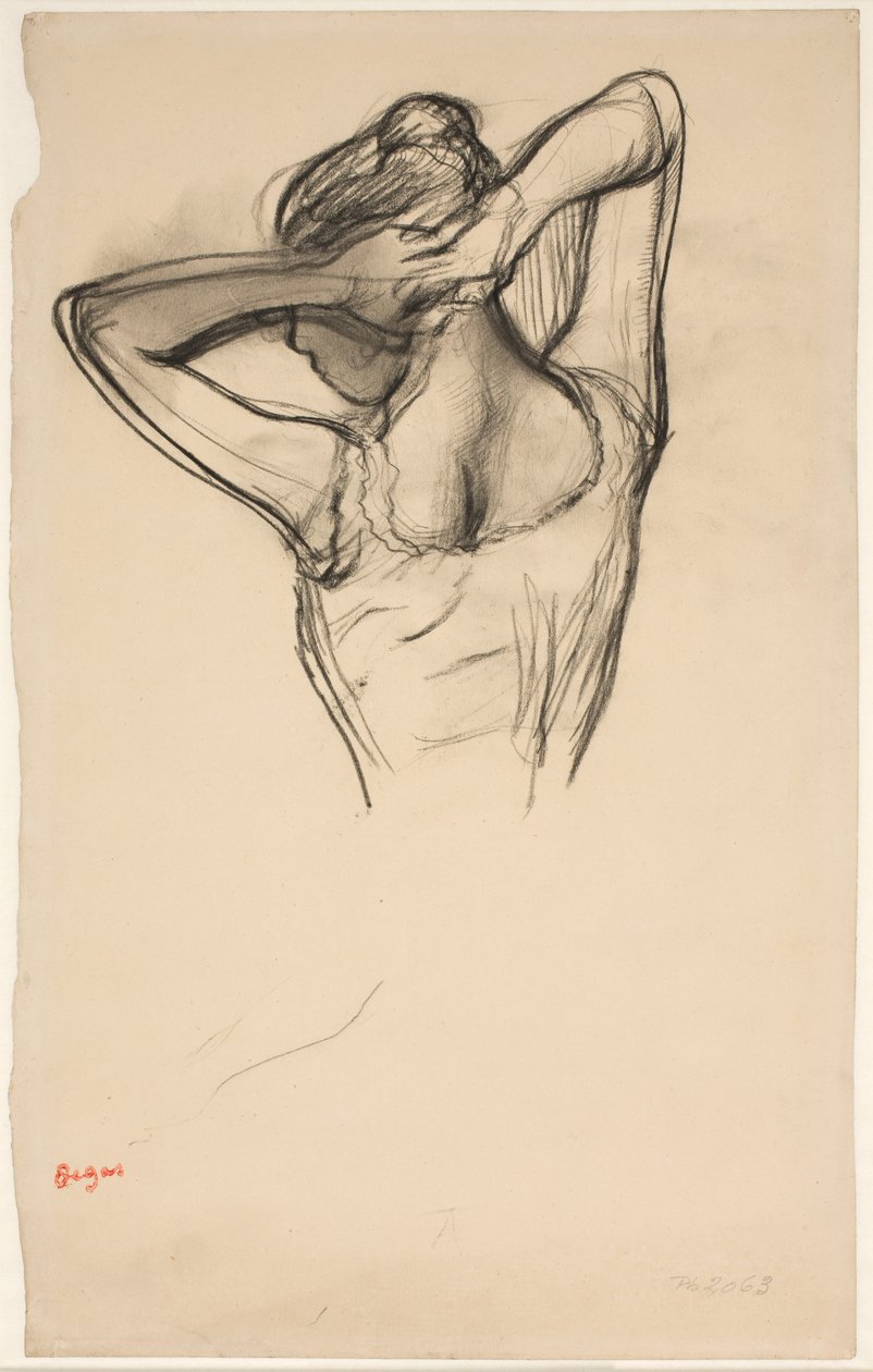 Ballerina che si sistema i capelli; mezzobusto di profilo a sinistra, vista da dietro da Edgar Degas