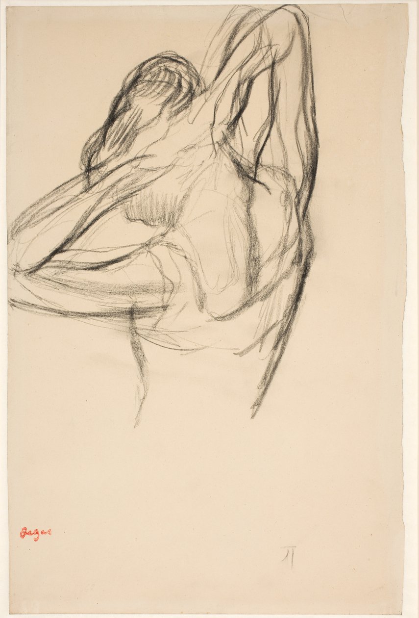 Ballerina che si sistema i capelli; mezzobusto in profilo verso sinistra, di spalle da Edgar Degas