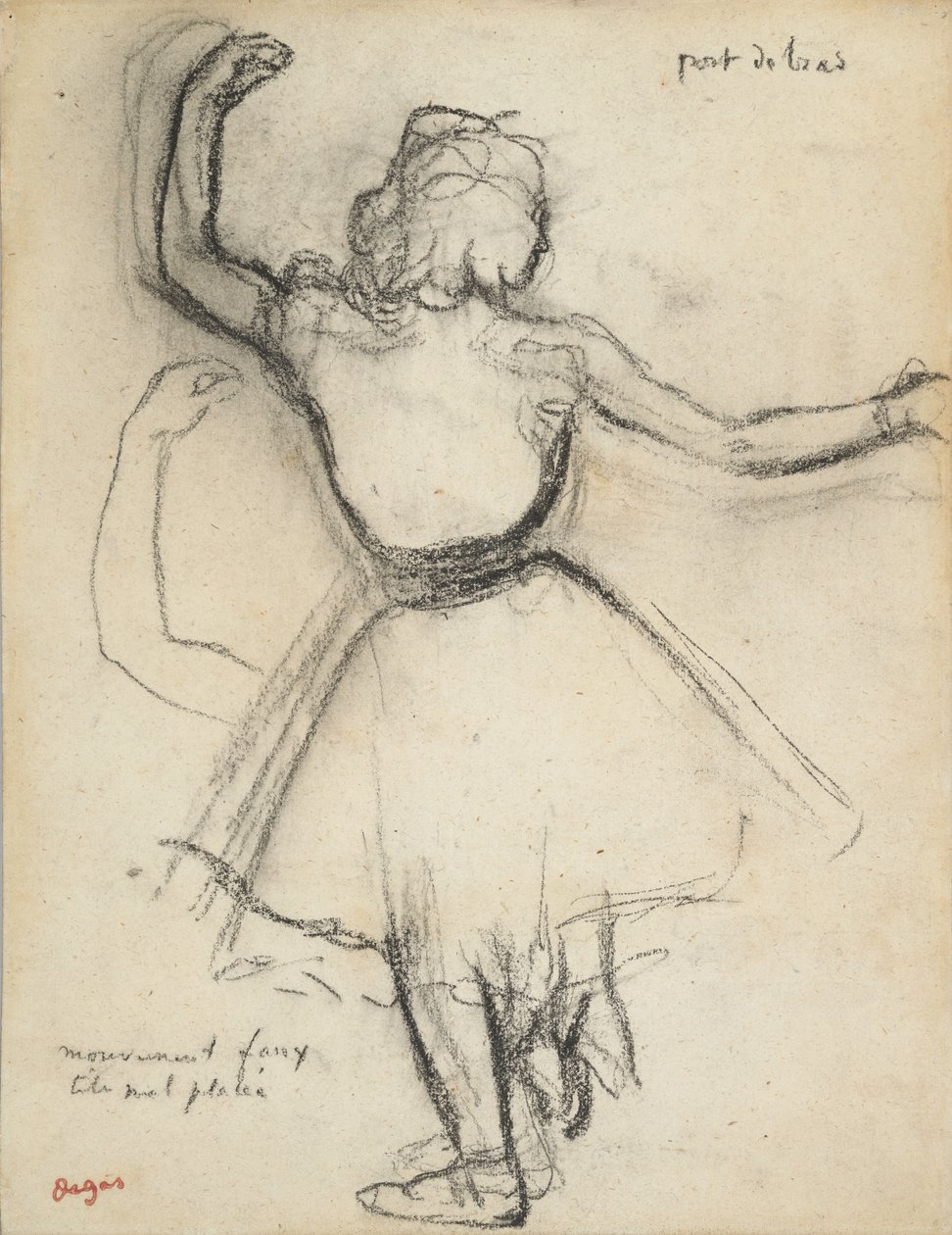 Ballerina vista di spalle: Port de bras, 1875-85 circa (carboncino su carta) da Edgar Degas
