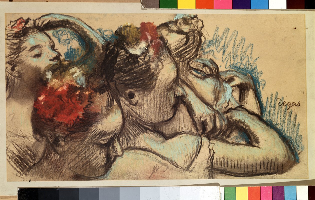 Danzatrici. Ballerine (danzatrici étoile) che aggiustano il loro costume nei camerini prima di andare in scena. Disegno di Edgar Degas (1834-1917) da Edgar Degas