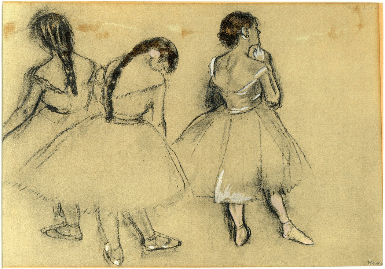 Tre danzatrici: carboncino e pastello su carta (1880 circa) di Edgar Degas (1834-1917) - collezione privata - danza, balletto, tutù, scarpette, opera - capelli, capelli - da Edgar Degas