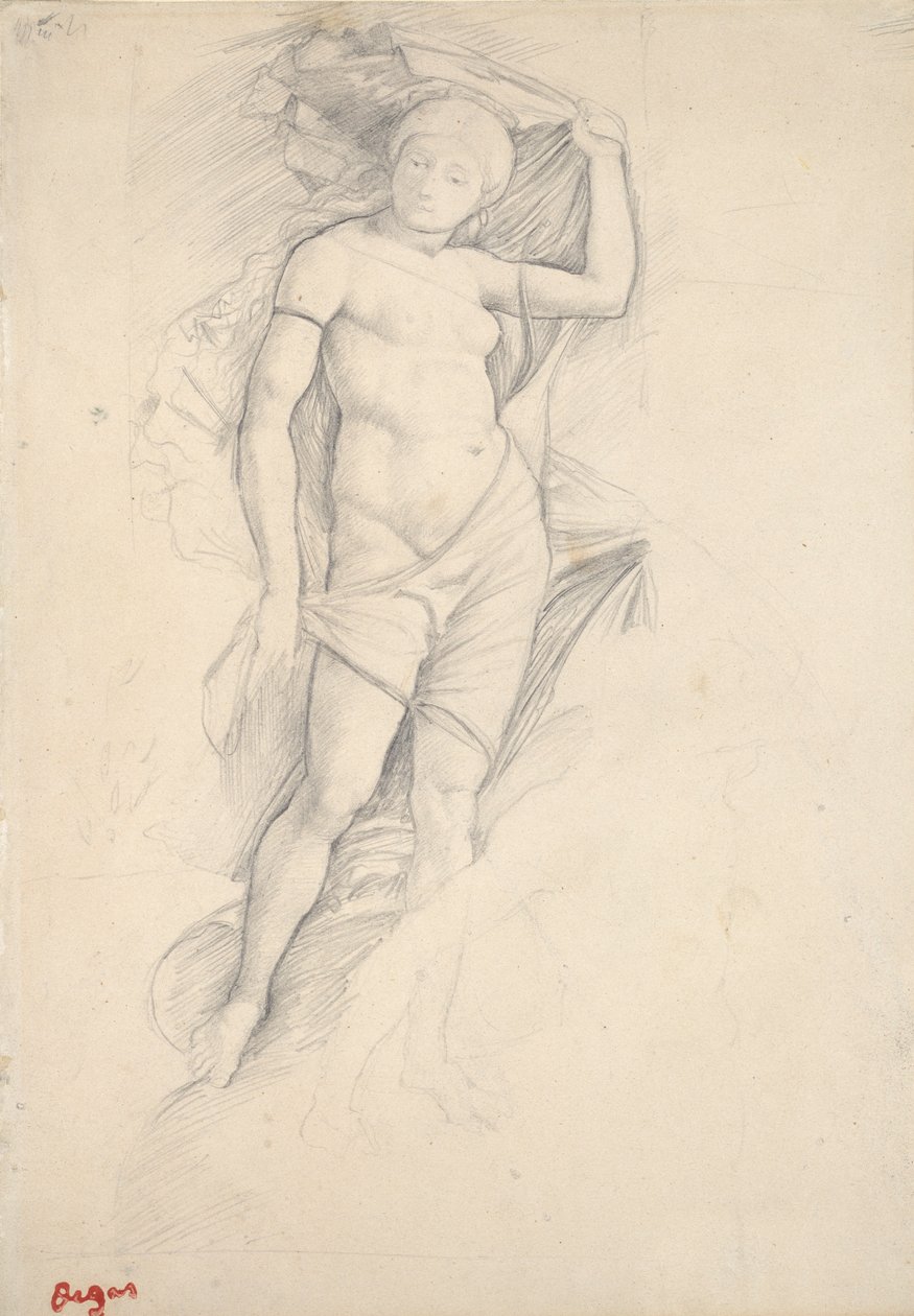 Donna, parzialmente drappeggiata, con un leggero studio di un centauro, in basso a destra, fine XIX secolo da Edgar Degas