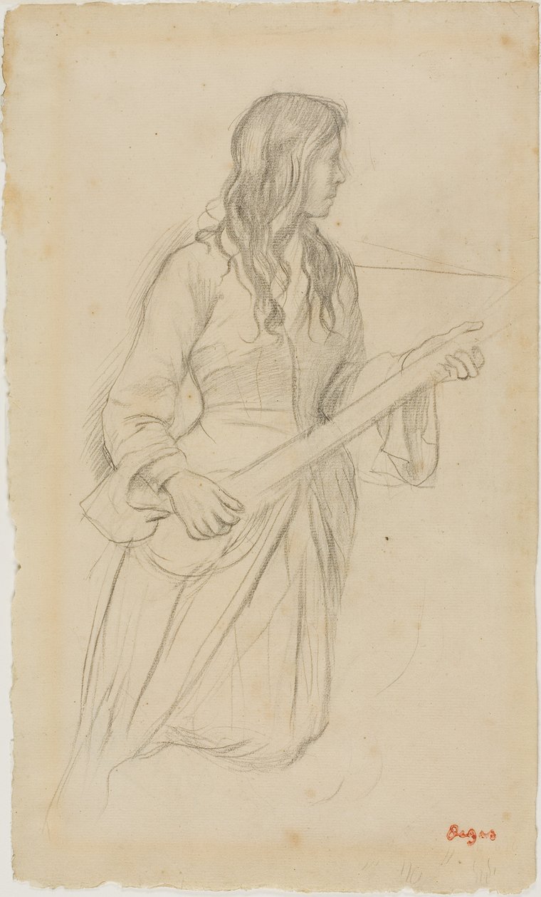 Giovane donna che suona il mandolino, studio per il ritratto di Mlle. Fiocre nel balletto "La Source". da Edgar Degas
