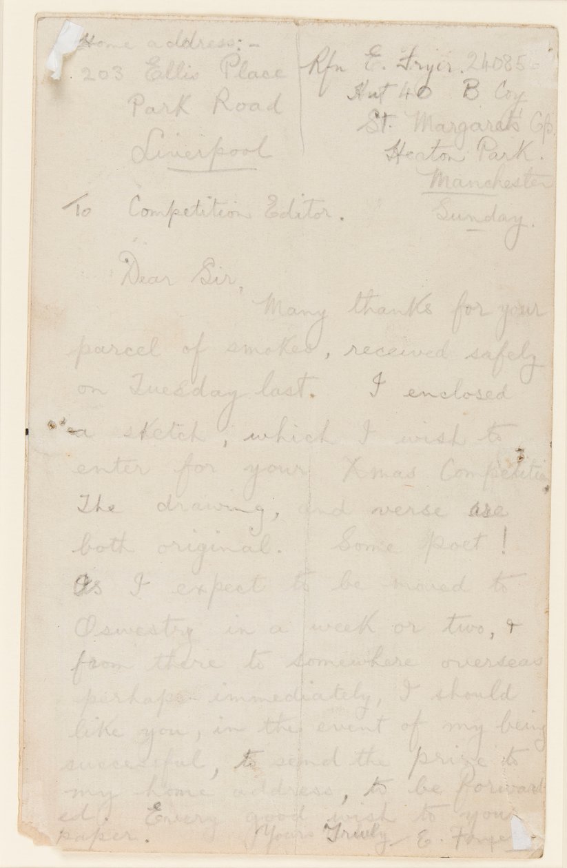Lettera a un redattore di concorso di giornale, 1914-18 da Edgar Fryer