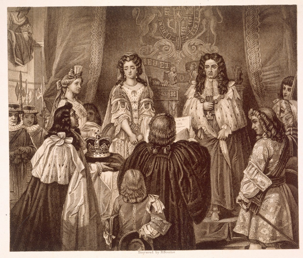 La corona offerta a Guglielmo e Maria dai Lord e dai Comuni a Whitehall, 12 febbraio da Edgar Melville (after) Ward