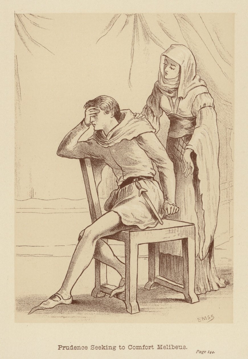 Prudenza che cerca di confortare Melibeo (litografia) da Edith Scannell