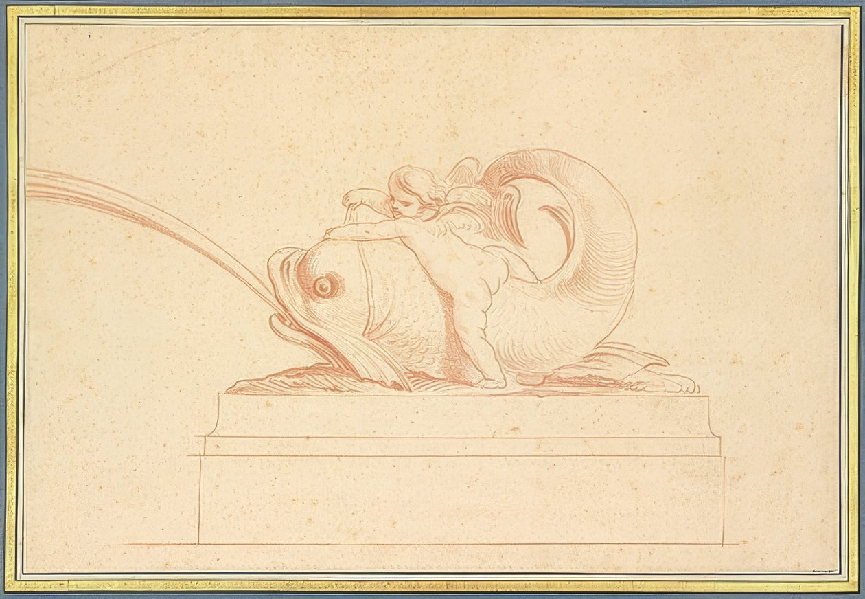 Delfino che spruzza acqua verso sinistra con un amorino. 1737 da Edmé Bouchardon