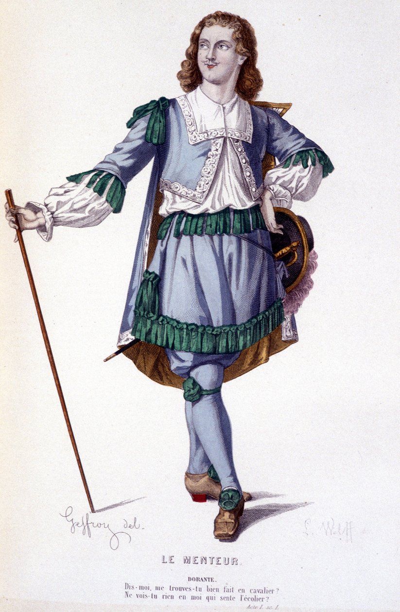 Il personaggio di Dorante nella commedia Le Menteur - Teatro Completo: (Collezione di opere di Corneille) disegno di Geffroy, incisione di L. Wolff - ed. Laplace, Sanchez et Cie, Parigi 1884 da Edmond Aime Florentin Geffroy