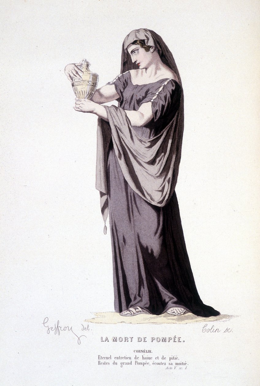 Il personaggio di Cornelie nella pièce teatrale La mort de Pompee - Teatro completo: (Compendio di opere di Corneille) disegno di Geffroy, incisione di Colin - ed. Laplace, Sanchez et Cie, Parigi 1884 da Edmond Aime Florentin Geffroy
