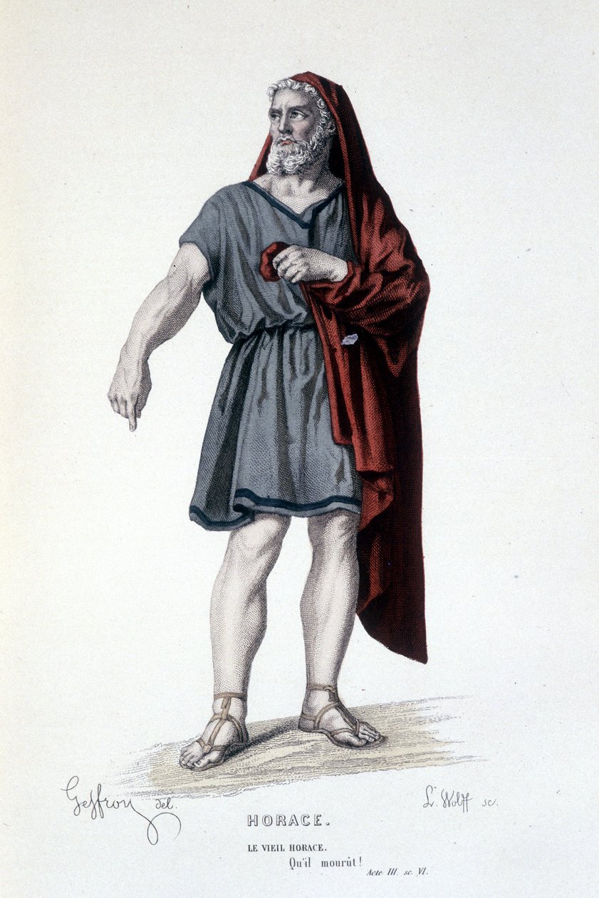Il personaggio del vecchio Orazio nella tragedia Orazio - Teatro Completo: (Collezione di opere di Corneille) disegno di Geffroy, incisione di L. Wolff - ed. Laplace, Sanchez et Cie, Parigi 1884 da Edmond Aime Florentin Geffroy
