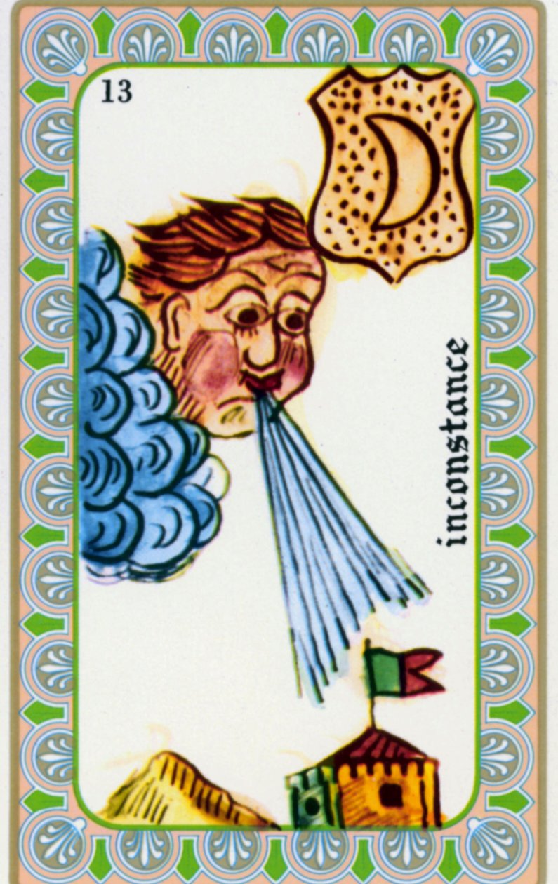 tarocchi del mago Belline disegnati da Edmond Billaudot c. 1845 e dati al chiaroveggente Belline per la ristampa: carta della volubilità: il vento soffia da Edmond Billaudot