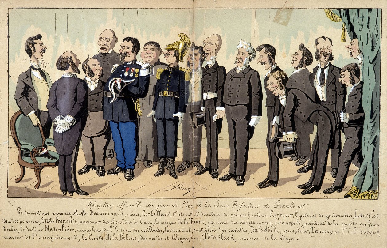 Caricatura sulla società francese di Lavrate: le diverse figure del servizio civile, servizi amministrativi... a una reception ufficiale. 1880 da Edmond Lavrate
