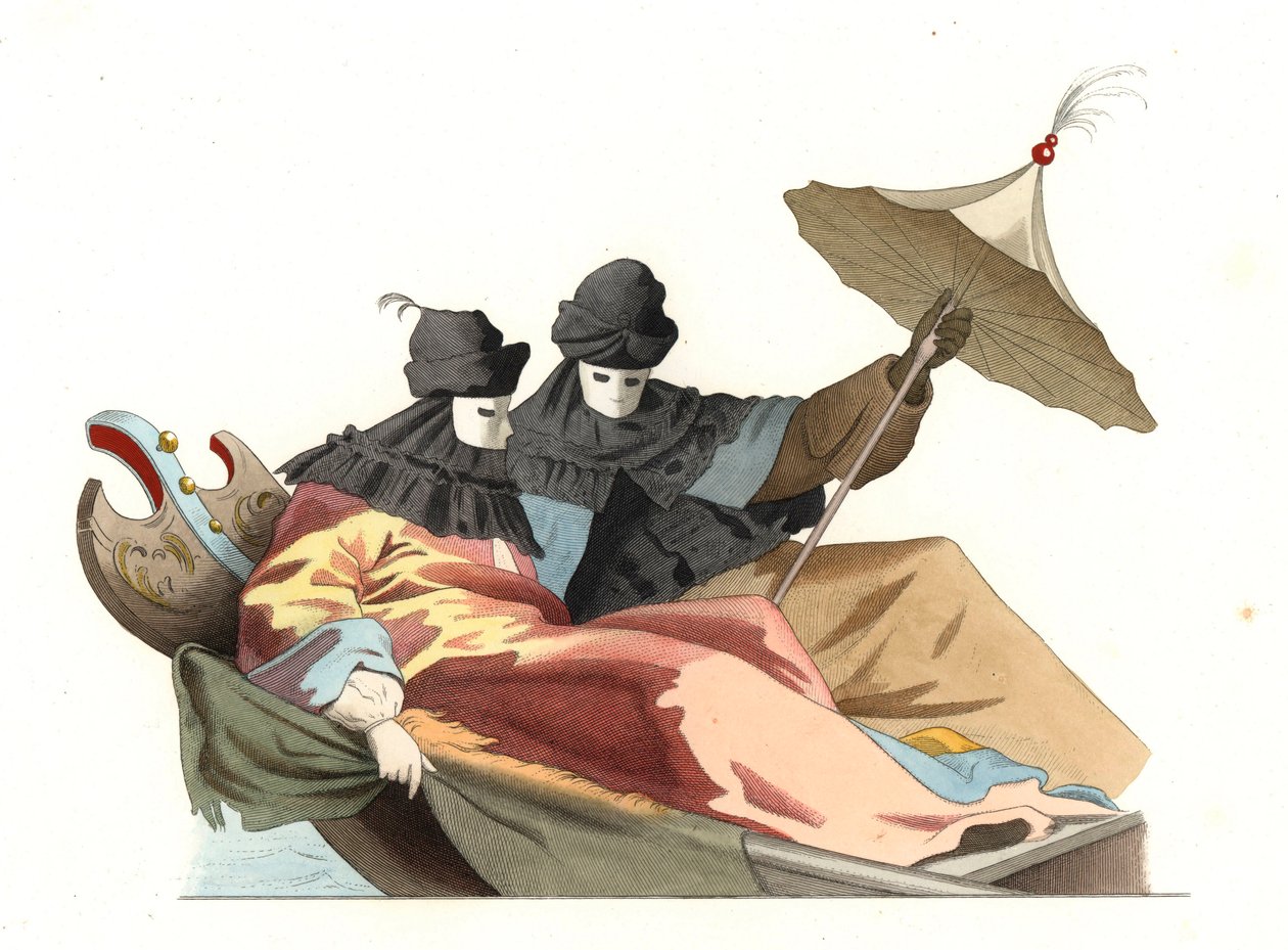 Veneziani con maschera bauta, Italia XVIII secolo, basato su un dipinto di Giovanni Antonio Canal detto Canaletto - Litografia basata su un