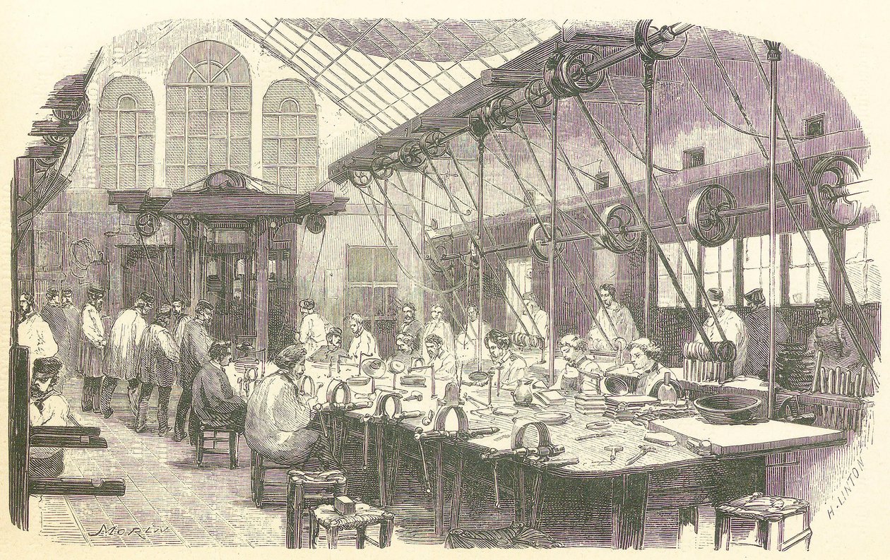 Orafi al lavoro nella fabbrica di posate Christophle a Parigi, pub. 1875 da Edmond Morin