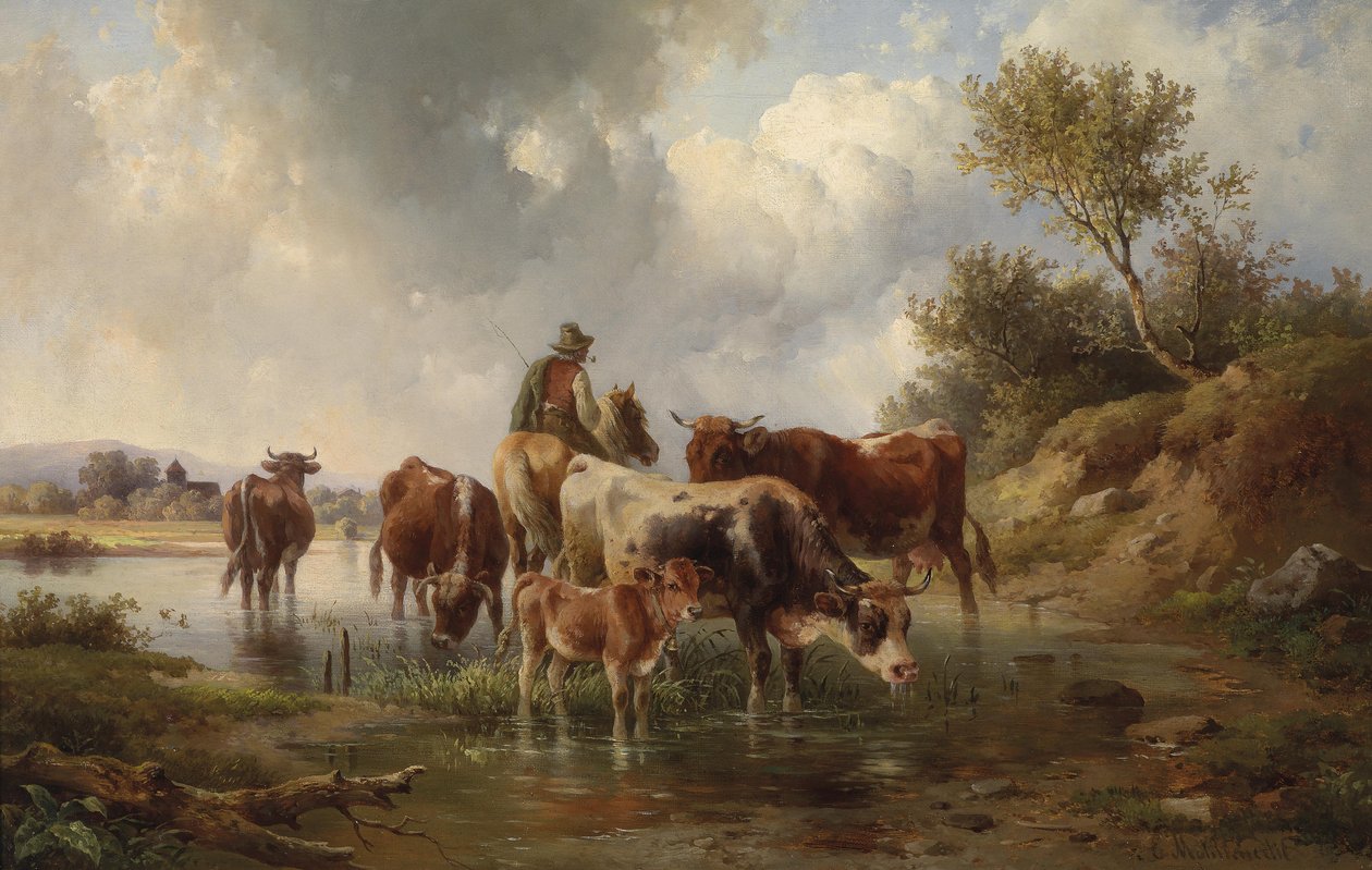 Mucche con pastori al guado da Edmund Mahlknecht