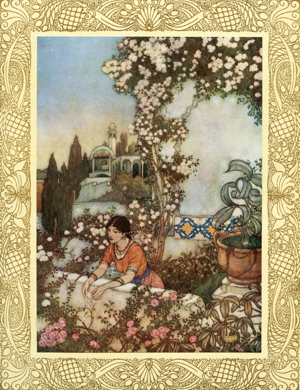 Guarda la rosa che soffia intorno a noi - "Ecco, ridendo," dice, "nel mondo soffio: Subito strappa il fiocco di seta della mia borsa, e getta il suo tesoro nel giardino, illustrazione da 