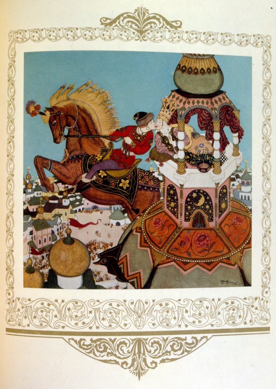 Principe che bacia una bella principessa in una torre. Russia da Edmund Dulac