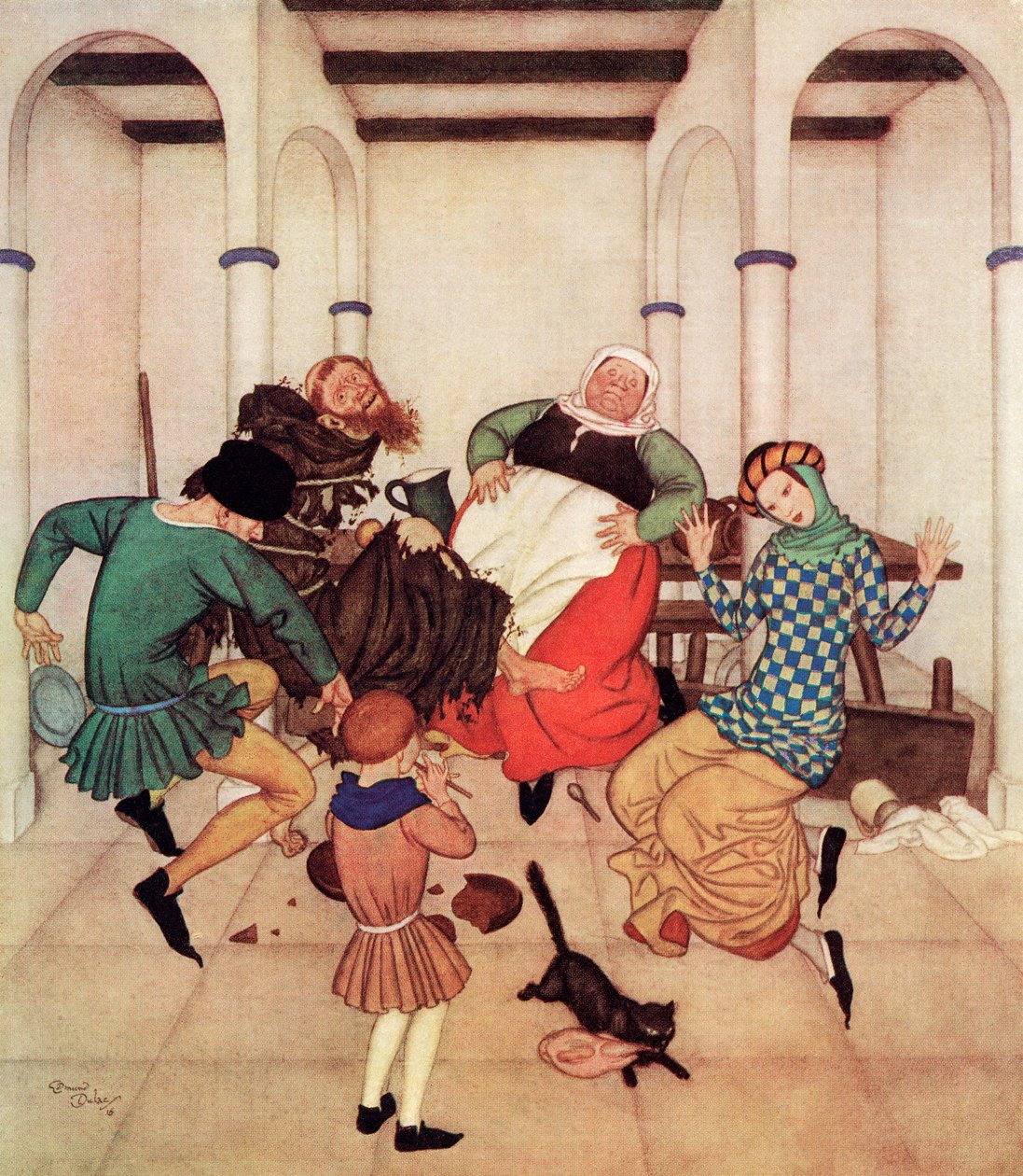 Il frate, legato saldamente al palo, si contorceva e si dimenava, mostrando chiaramente che avrebbe ballato se avesse potuto, illustrazione dalla fiaba inglese Il frate e il ragazzo, dal libro delle fiabe di Edmund Dulac: Fiabe delle nazioni alleate, pub.1 da Edmund Dulac