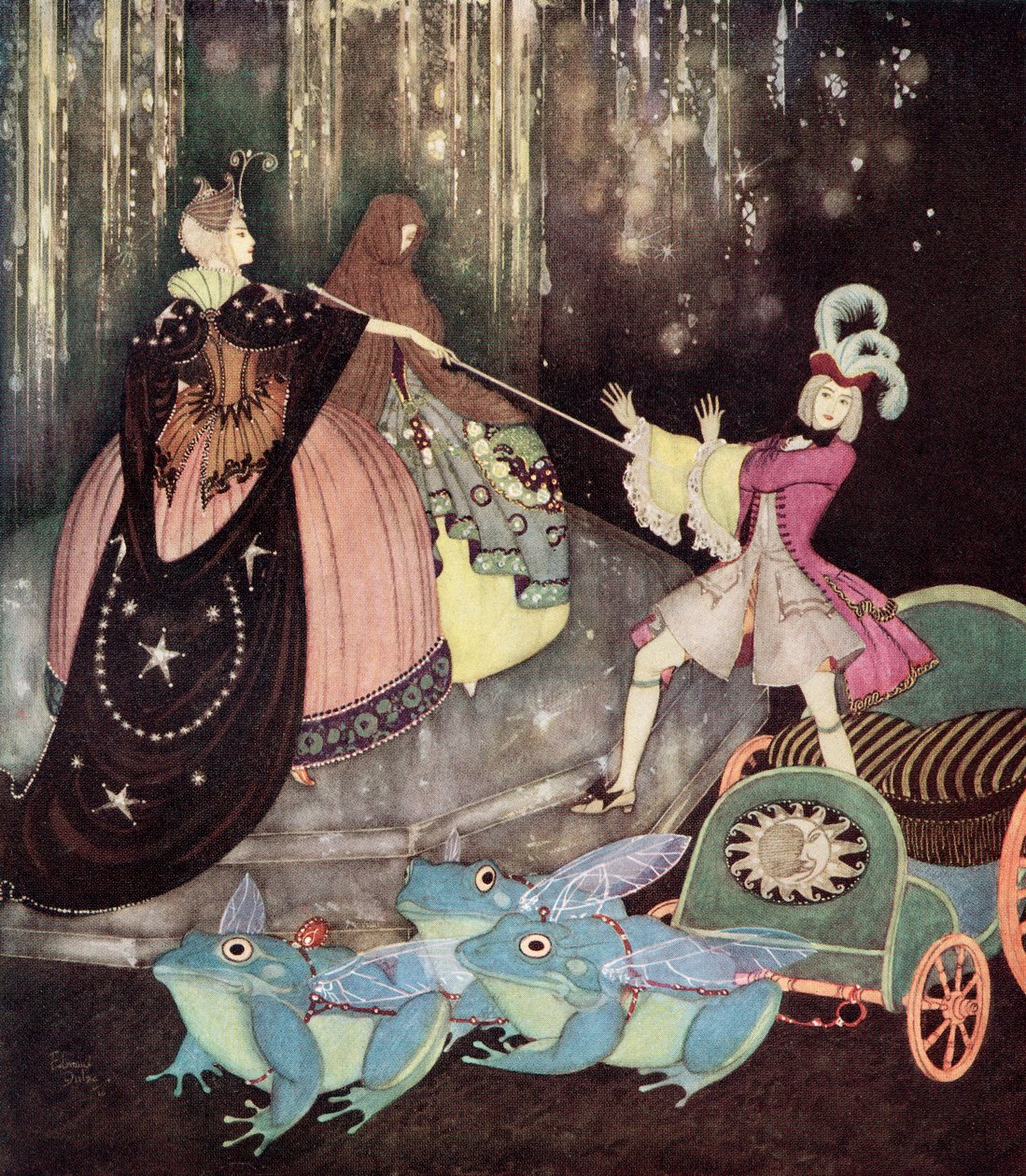 "Il Principe prese una carrozza trainata da tre grandi rane con grandi ali. Truitonne uscì misteriosamente da una piccola porta", illustrazione dalla fiaba francese L