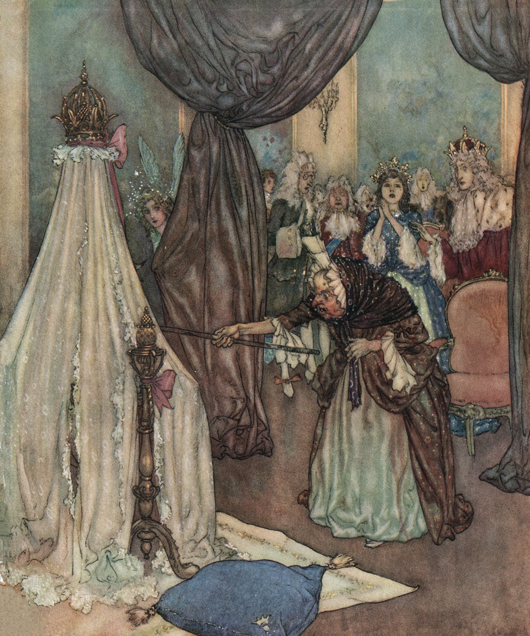 La bella addormentata: una vecchia fata si china sulla culla della principessa e la maledice, c.1910 da Edmund Dulac