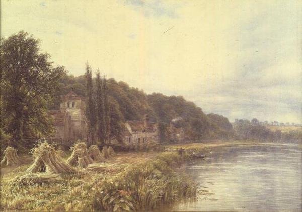 Villaggio sul fiume con figure che pescano da Edmund George Warren