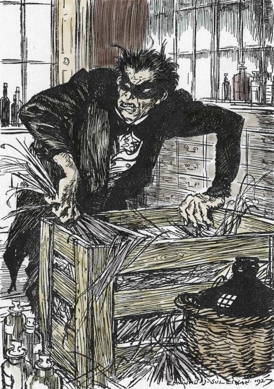 Dr Jekyll cerca disperatamente le polveri che gli permettono di liberarsi del suo carattere di Mr Hyde, Illustrazione di Edmund Joseph Sullivan per il romanzo 