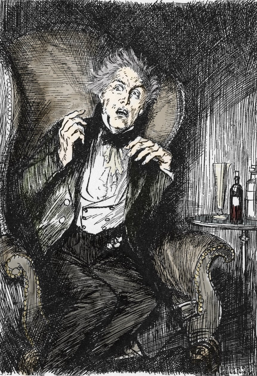Dr Jekyll in terrore durante la sua conversazione con Utterson ed Enfield, illustrazione di Edmund Joseph Sullivan per il romanzo L
