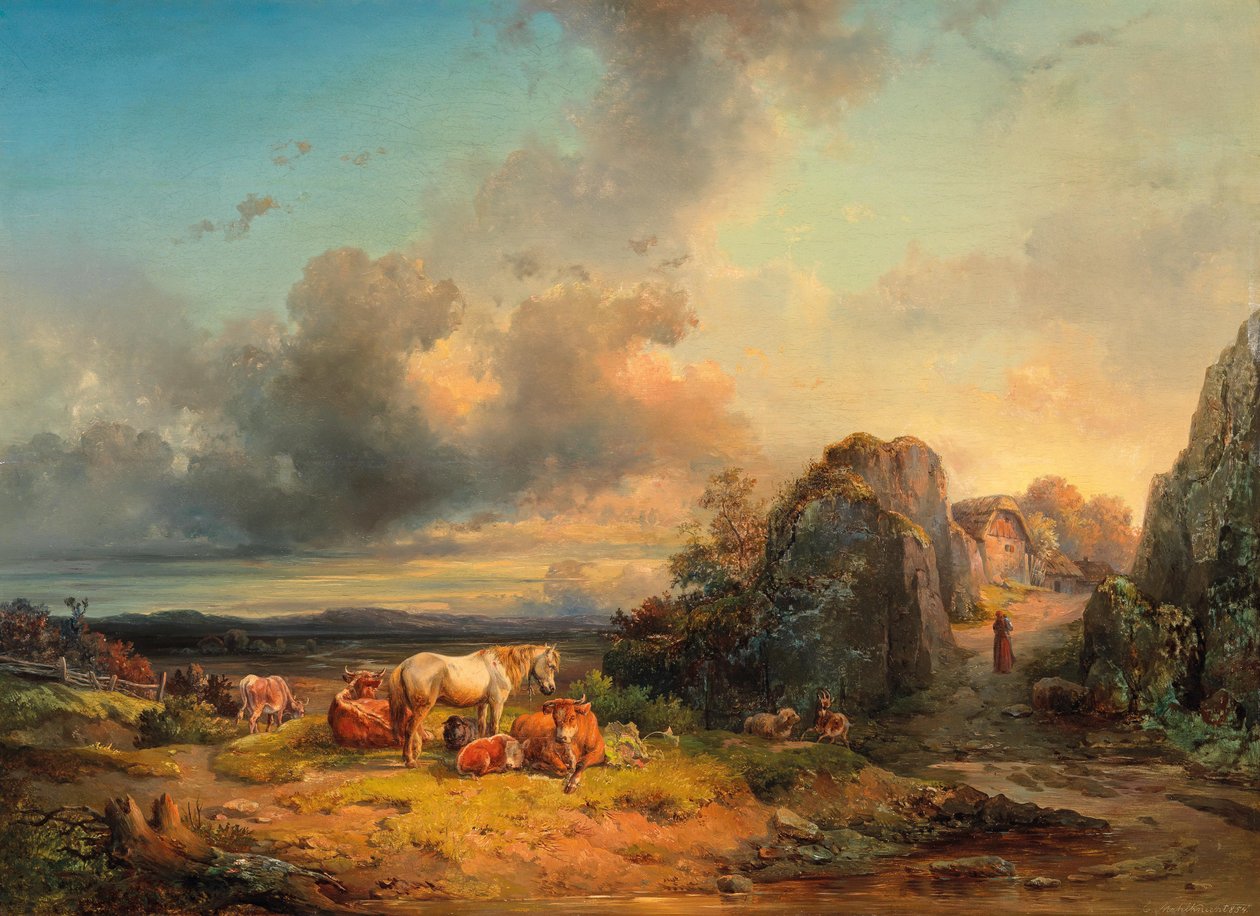 Gregge di animali e figure davanti a un ampio paesaggio da Edmund Mahlknecht