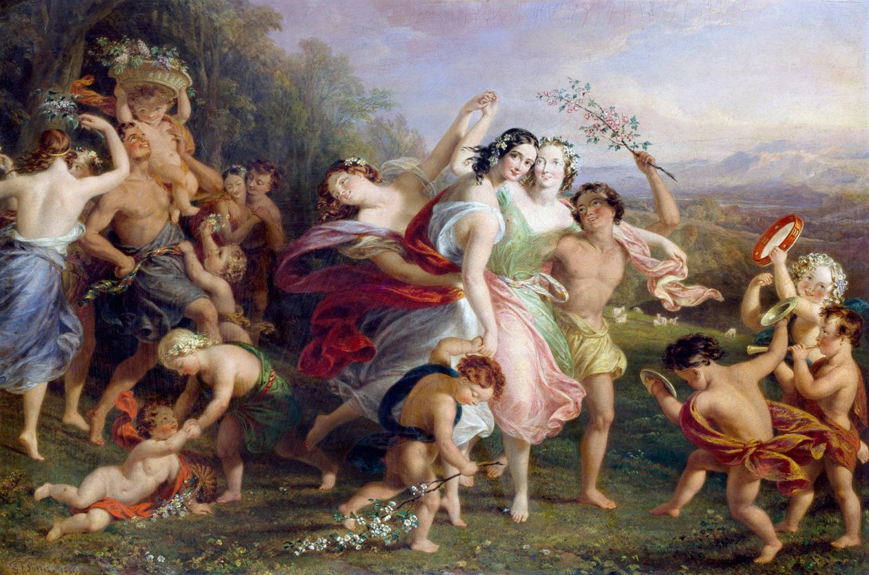 "Matinee de mai" Danza e girotondo di figure del bosco, bambini inghirlandati di fiori. Dipinto di Edmund Thomas Parris (1793-1873) 1859 da Edmund Thomas Parris