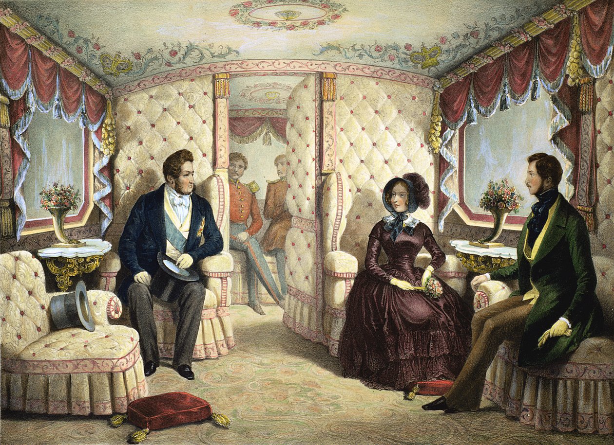 Interno del vagone ferroviario della regina, inciso da Jules David (1808-92), c.1844 da Edouard Pingret
