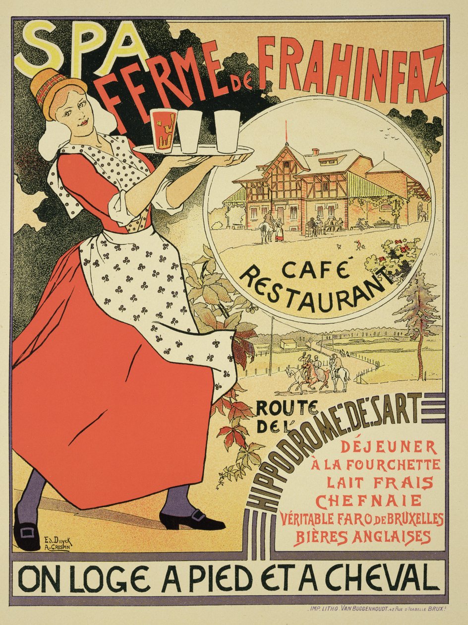 Poster pubblicitario della Ferme de Frahinfaz, un caffè e ristorante vicino a Spa, Belgio, 1896 da Adolphe Louis Charles Crespin