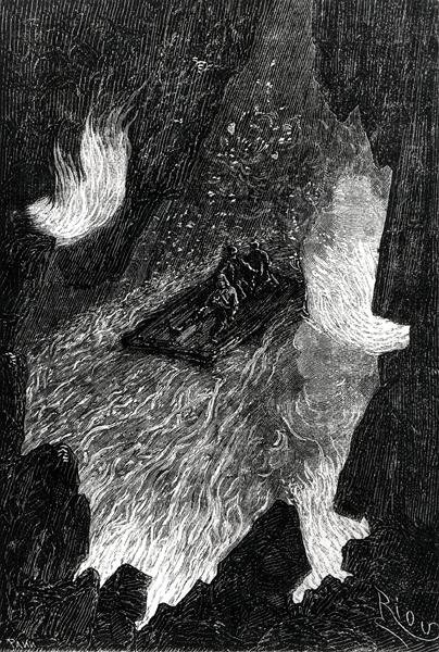 La zattera ondulata sulle onde di lava, illustrazione da 