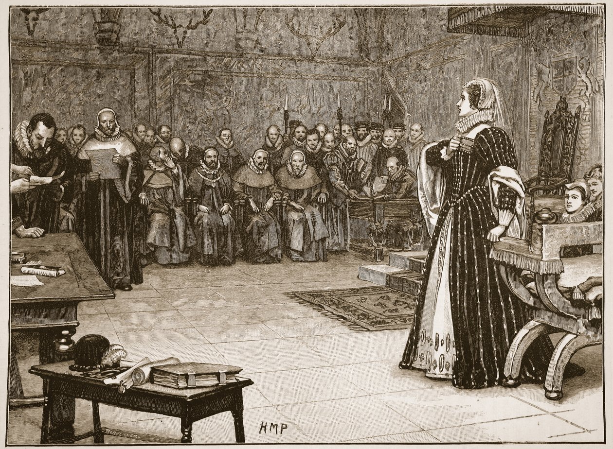 Processo di Maria Regina di Scozia nel castello di Fotheringhay, illustrazione da 