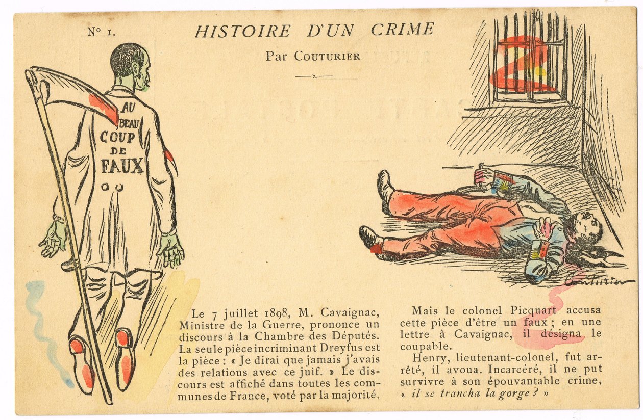 Cartolina, satirica a colori: Affare Dreyfus - Illustrazione del colonnello Henry di Couturier da Edouard Couturier
