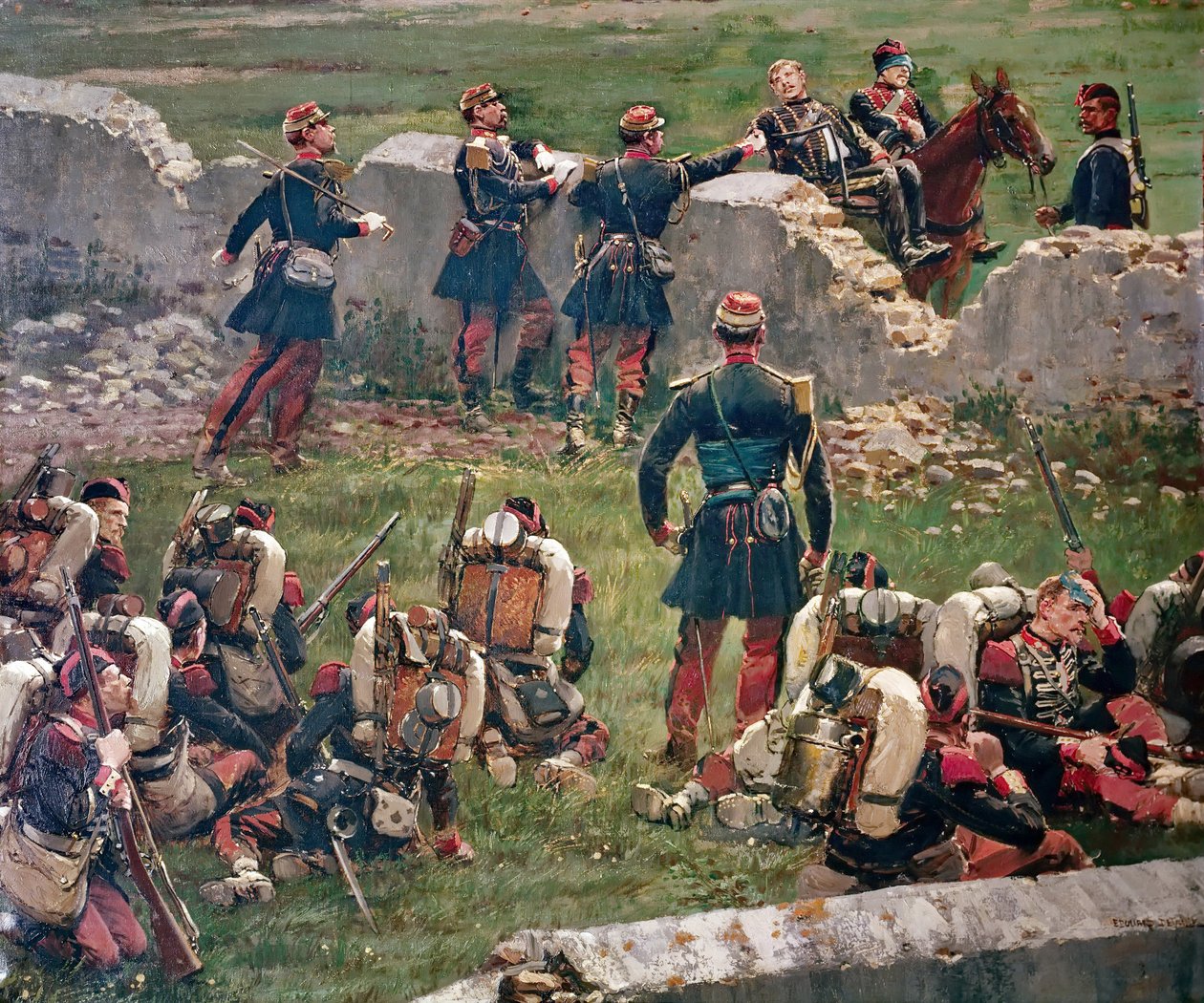Sera della battaglia di Rezonville Gravelotte. Granatieri della Guardia Imperiale a riposo, 16 agosto da Jean Baptiste Edouard Detaille