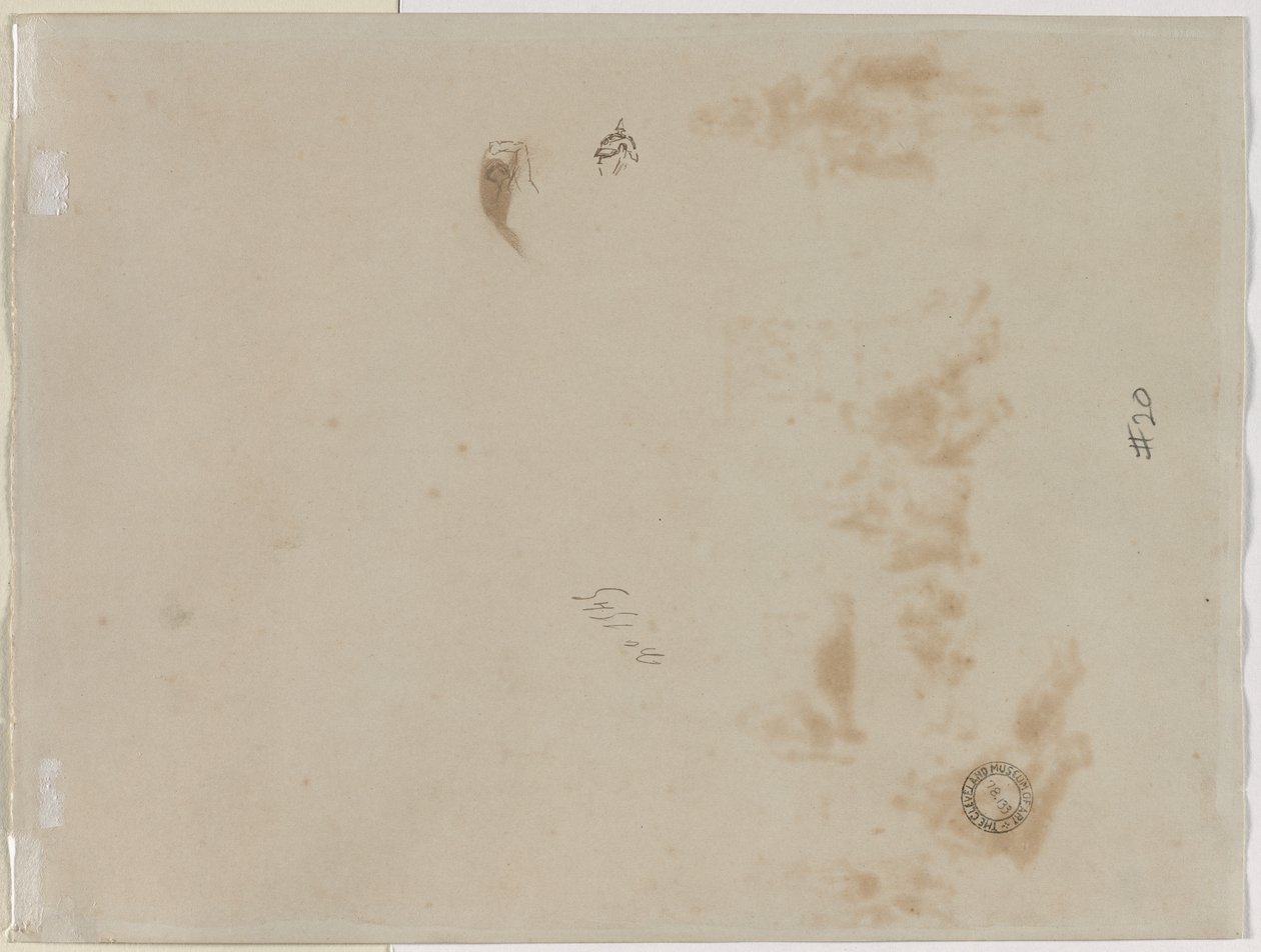 Schizzo di un uomo con braccio alzato e schizzo di un elmo (verso) da Edouard Detaille