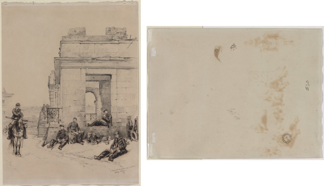 Soldati a riposo (recto) Schizzo di un uomo con braccio alzato e schizzo di un elmo (verso) da Edouard Detaille