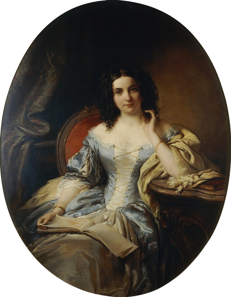 Ritratto di una signora seduta in un vestito blu e bianco, 1853 da Edouard Ender