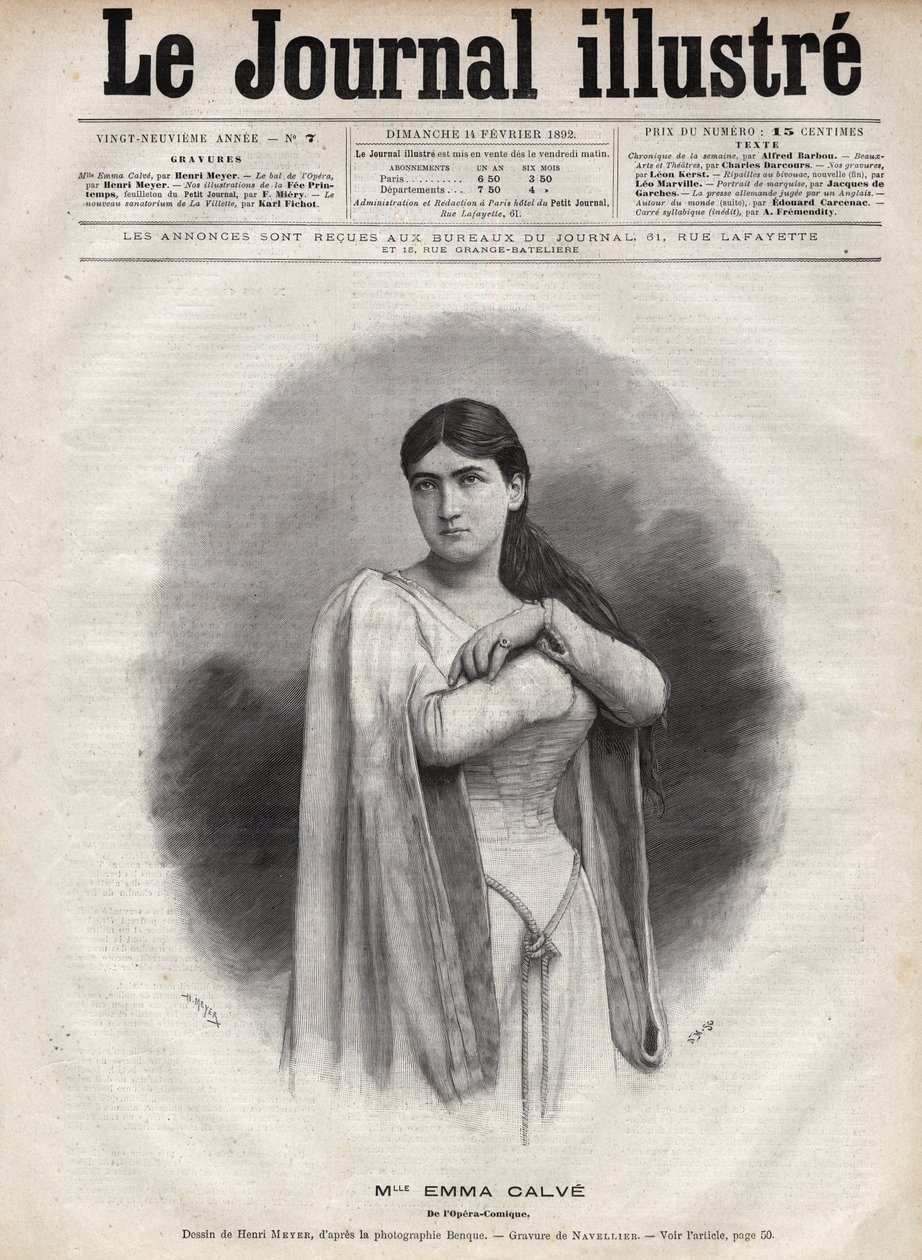 Ritratto di Emma Calve (Rosa Noemie Emma Calvet de Roquet, detta) (1858-1942), soprano francese - Incisione di Navellier in 