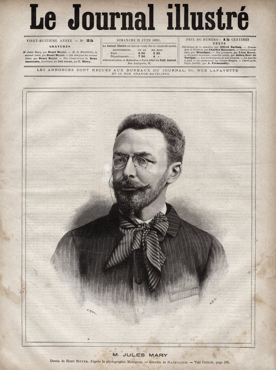 Ritratto di Jules Mary (1851-1922), scrittore francese - Incisione di Navellier in "The Illustrous Journal" del 1891 da Edouard Felicien Eugene Navellier
