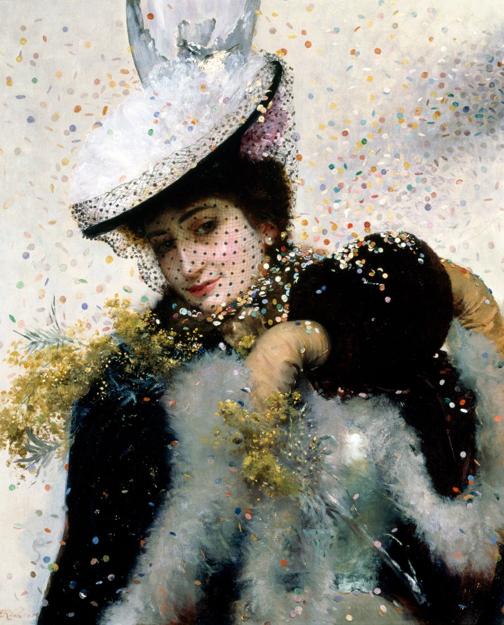 Un matrimonio invernale. Una giovane donna vestita con pelliccia, manicotto e cappello di velo sorride sotto una pioggia di coriandoli. Dipinto di Edouard Frederic Wilhelm Richter (1844-1913) Olio su tela. Collezione privata. da Edouard Frederic Wilhelm Richter