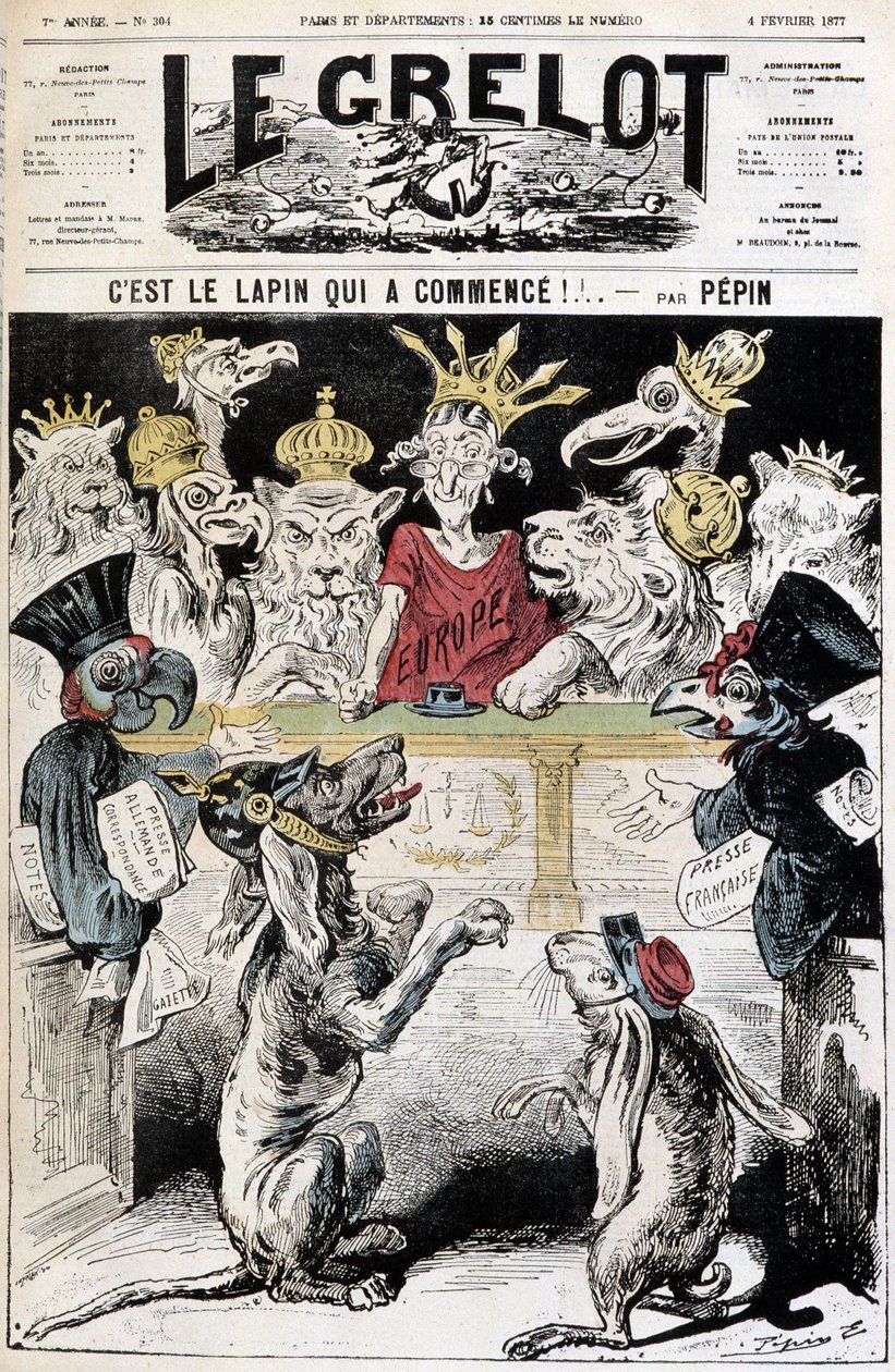 Il coniglio è scappato! - Caricatura sul conflitto franco-tedesco, un cane con elmetto prussiano denuncia un coniglio con cappello dell